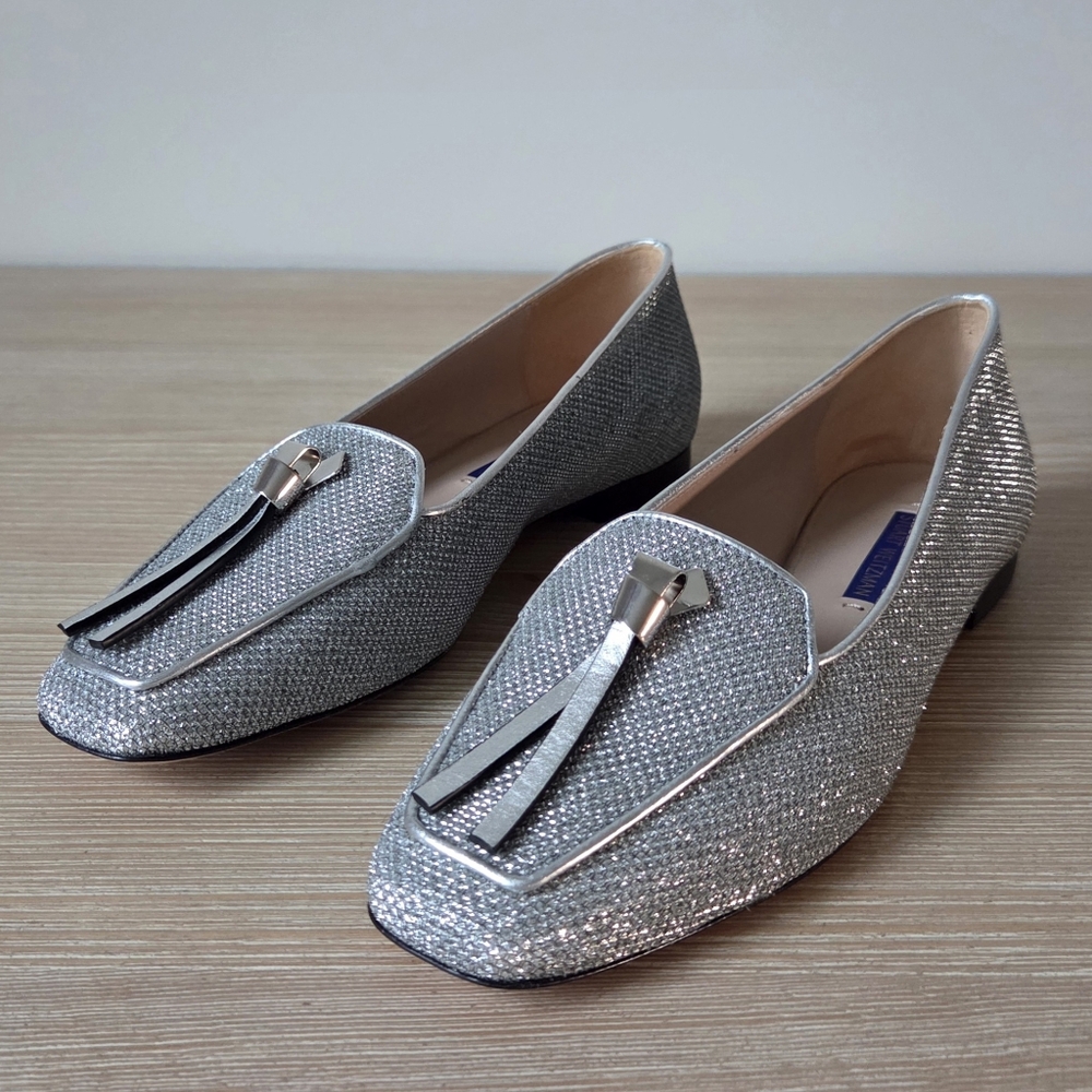 Stuart Weitzman Slipknot Silver Glitter Leather Flat Loafers Womens Size EU 38